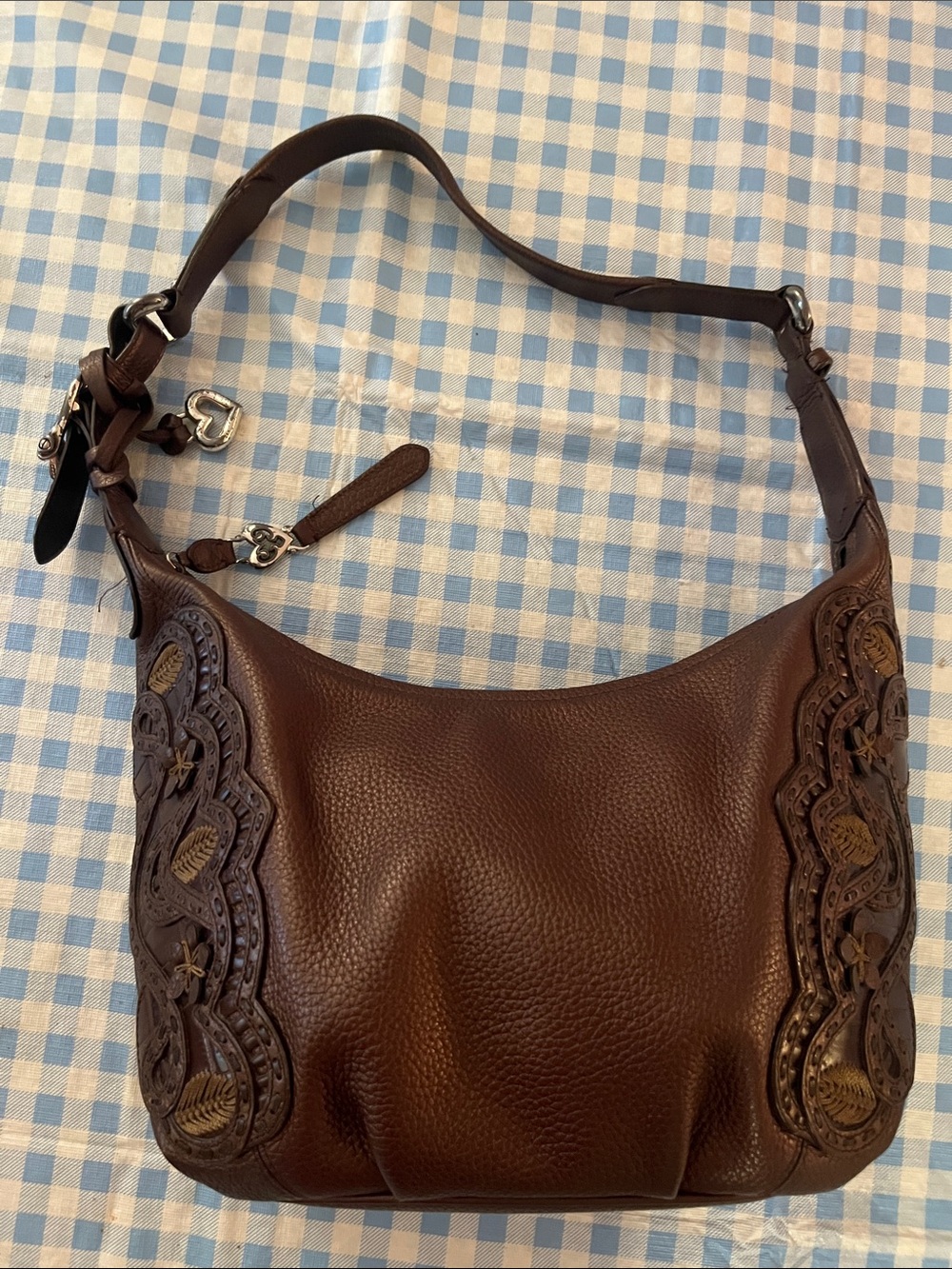 Brighton Masterpiece Nikki  Leather Bag with Floral Appliqué hidden pockets